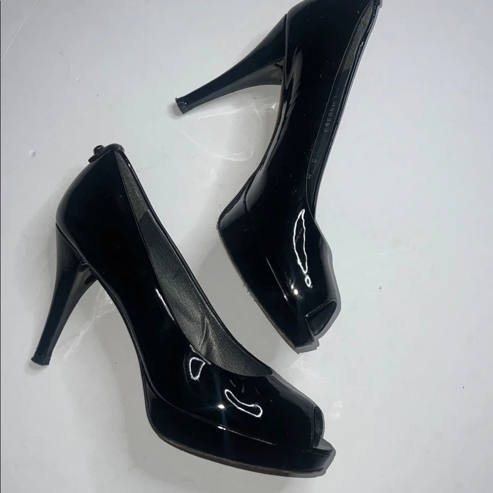 Stuart Weitzman Glossy Black Peep-Toe Heels - Picture 4 of 10